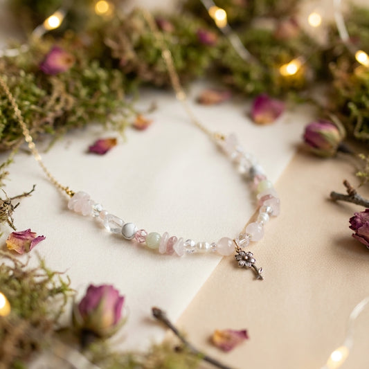 Naszyjnik Szept Kwiatów – Eteryczny Amulet z Różowym Kwarcem i Perłami