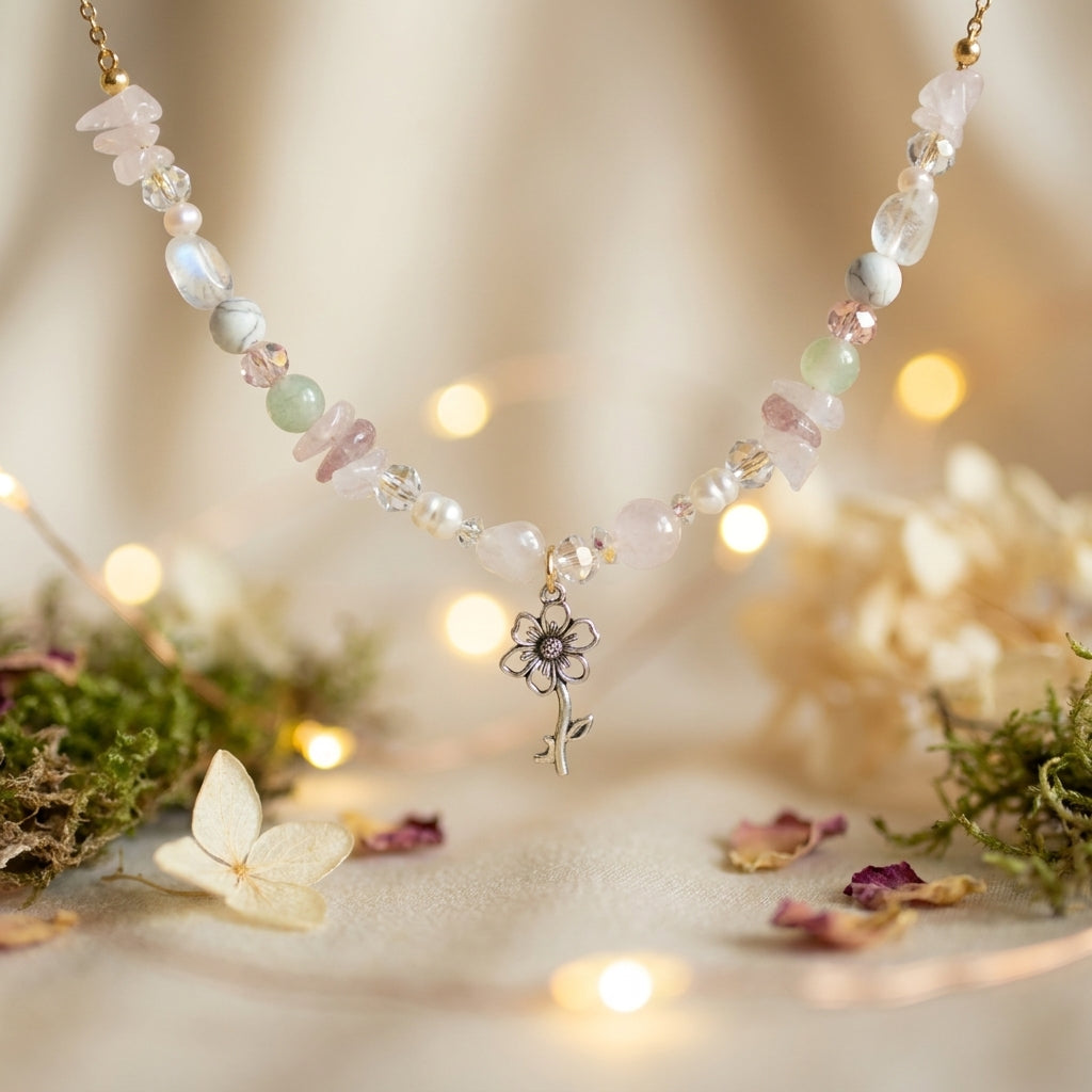 Naszyjnik Szept Kwiatów – Eteryczny Amulet z Różowym Kwarcem i Perłami
