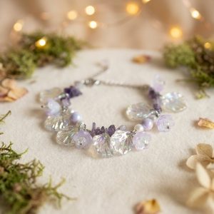 Bransoletka Aura Leśnej Nimfy – ametyst, perły syntetyczne, stop metali – biżuteria handmade